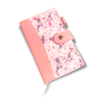 A6 Lined Notebook -  Birds & Cherry Blossoms, With Ribbon Bookmark & Button Closure.
