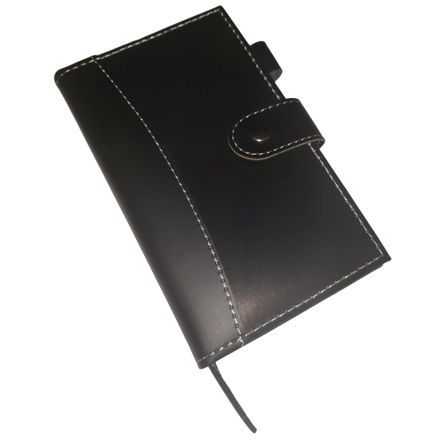 A6 Lined Black Notebook With Ribbon Bookmark and Button Closure.