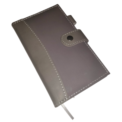 A6 Lined Grey Notebook With Ribbon Bookmark and Button Closure.