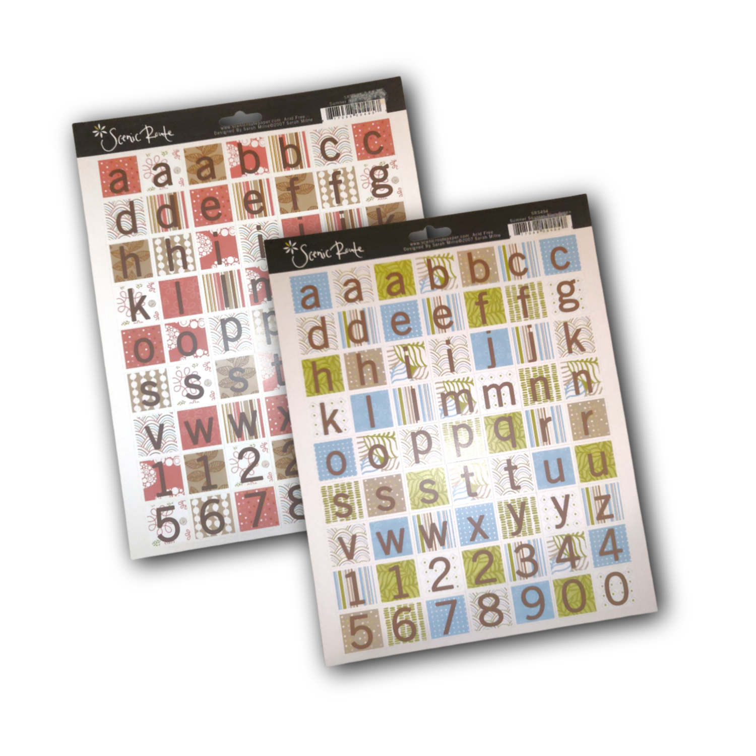 126x Découpage Letters & Numbers! - "Summer Squares Pink" & "Summer Squares Blue Green) by Scenic Route (each with 63 Squares)