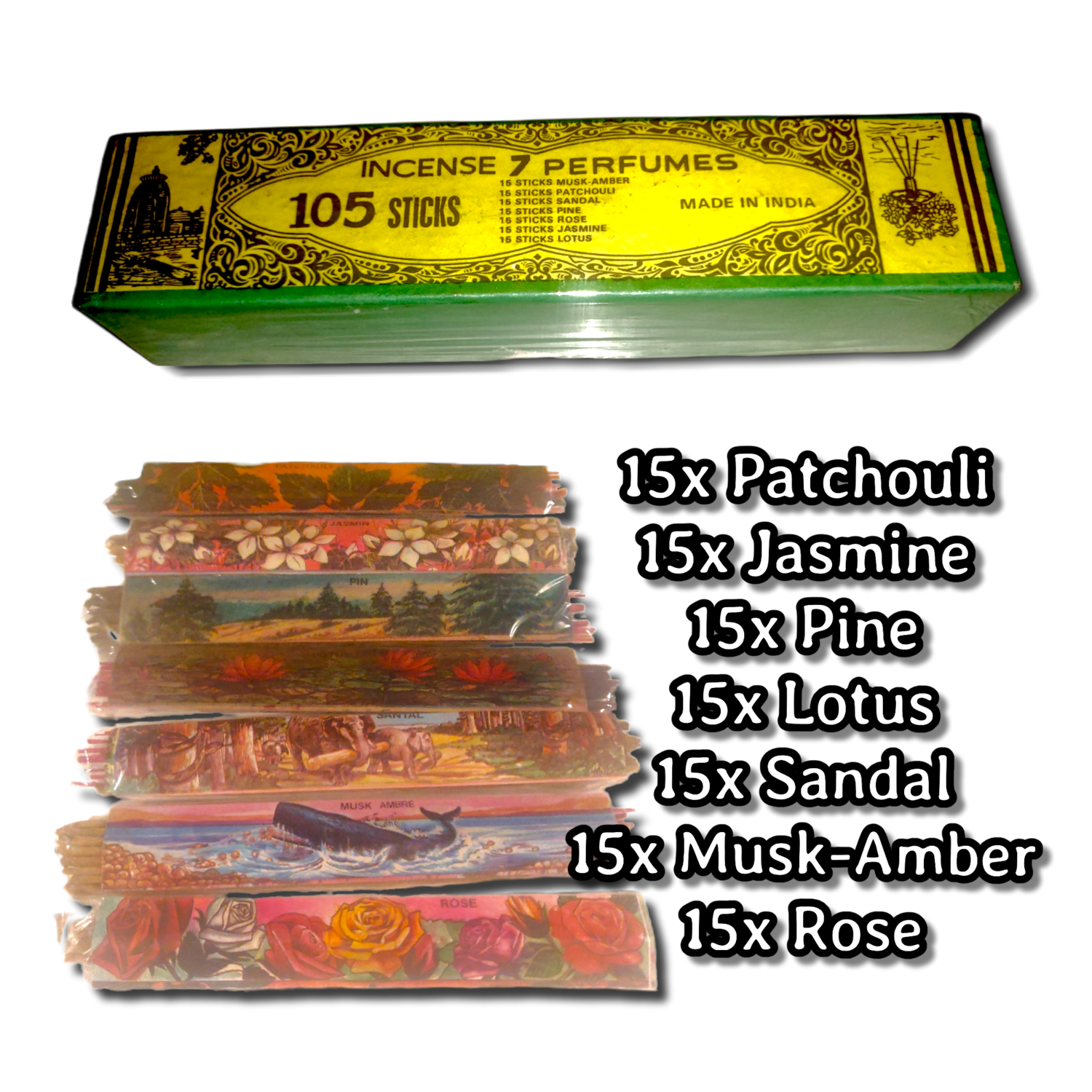105x Sticks! Incense 7 Perfumes. Lotus, Musk-Amber, Patchouli, Sandal, Pine, Rose & Jasmine Made In India.