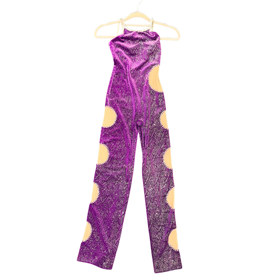 CHILD L - Custom - STUNNING Purple Glitter Velvet Jumpsuit With Cutouts - Fully Swarovski Stoned - Disco / Jazz