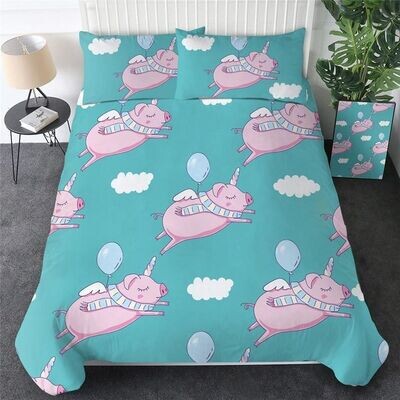 3D Balloon Flying Unicorn Pig Cotton Duvet Cover Bedding Sets