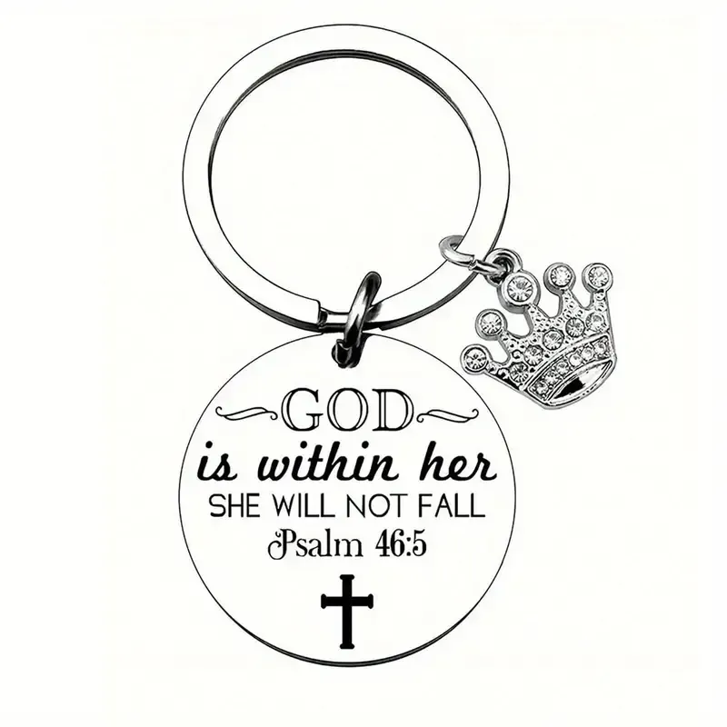 Stainless Steel Bible Verse Keyrings, Design: &quot;God is within her&quot; with crown