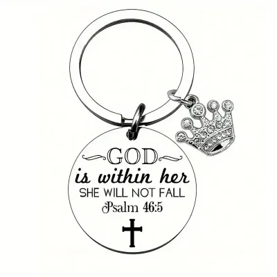 Scripture Verse Keyrings for Ladies, Design: &quot;God is within her&quot; with crown