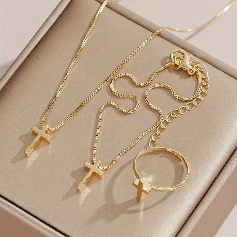 3-Piece Minimalist Cross Pendant Necklace, Bracelet, and Ring Set, Colour: Gold