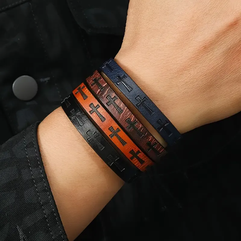 Men&#39;s Retro PU Leather Cross Bracelet