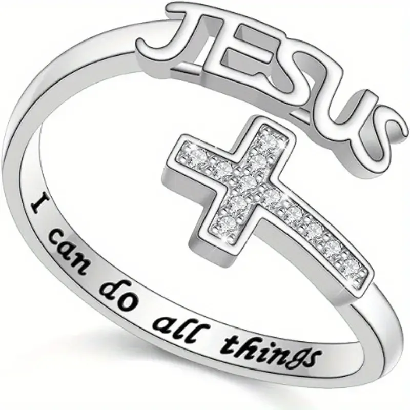 Jesus Glass Rhinestone Inlay Cross Ring