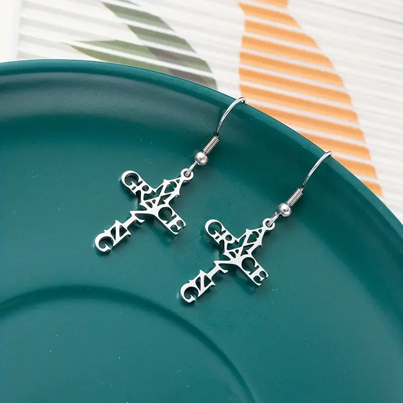 Chic Stainless Steel Cross &amp; Heart Dangle Earrings, Design: Amazing Grace