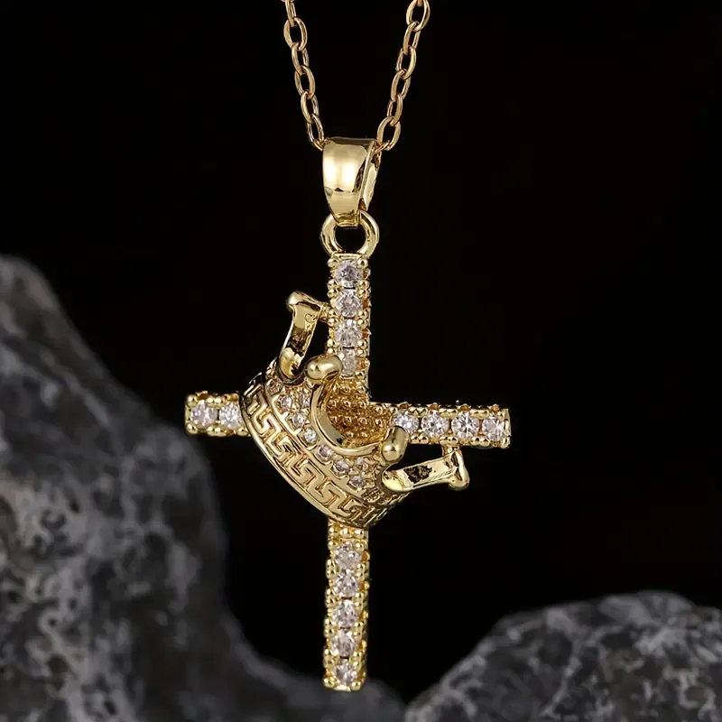 Unique Copper Inlaid Zirconia Crown Cross Pendant Necklace