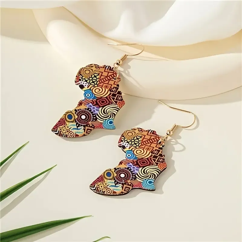 Vintage Wooden Earrings Collection – Hand-Painted Boho Chic Dangle Designs with Multiple Variations for Women, Description: Africa