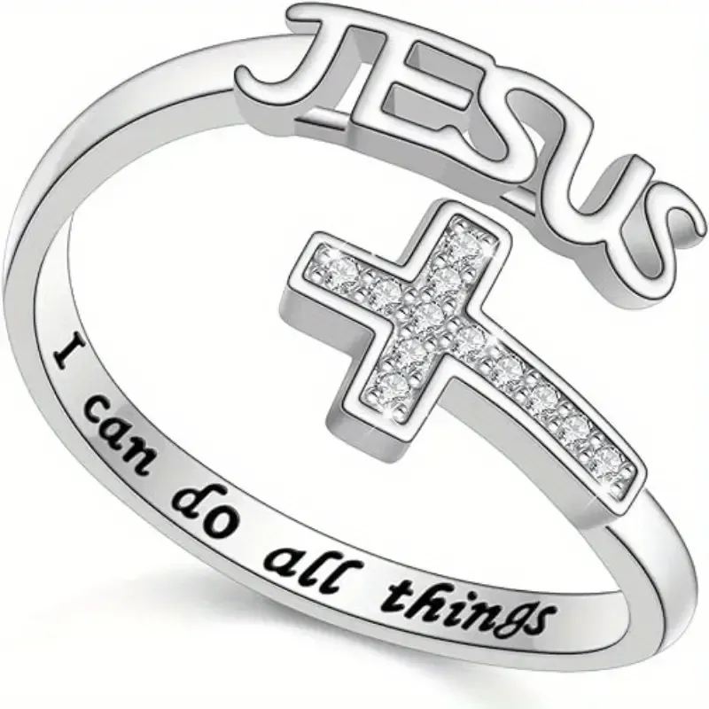 Jesus Glass Rhinestone Inlay Cross Ring