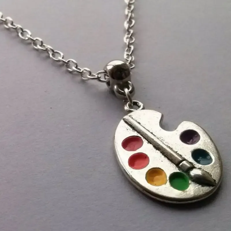 Chic Silvery Artist Palette Necklace with Multicolor Enamel Pendant 