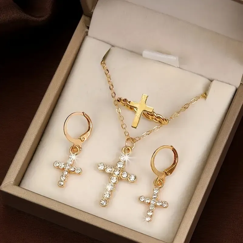 Simple Rhinestone Cross Earrings &amp; Necklace Set