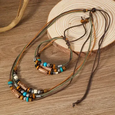 Bohemian Vintage Wooden Bead Necklace &amp; Bracelet Set – Multi-Layer Ethnic Style Jewelry for Women