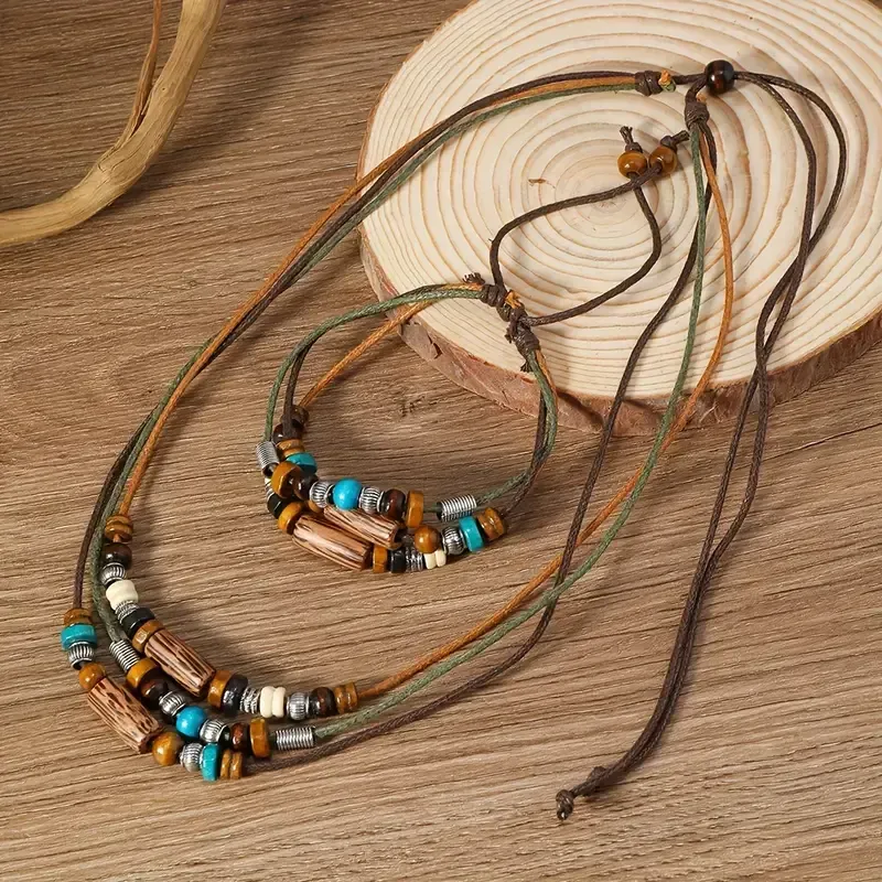 Bohemian Vintage Wooden Bead Necklace &amp; Bracelet Set – Multi-Layer Ethnic Style Jewelry for Women