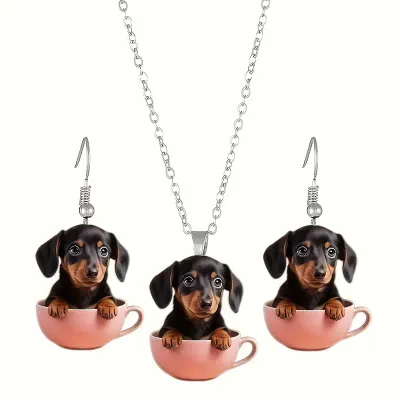 Charming Dachshund Puppy in a Pink Cup Necklace &amp; Earrings Set