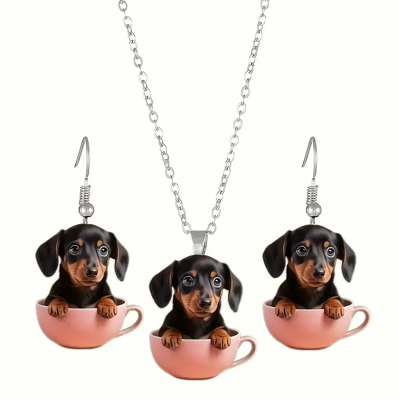 Charming Dachshund Puppy in a Pink Cup Necklace &amp; Earrings Set