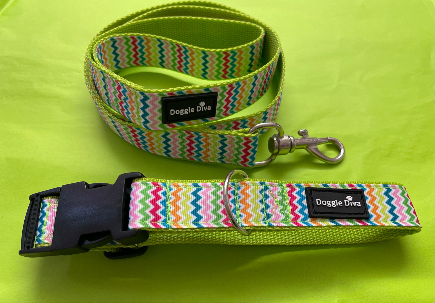 Lime Green Chevron Dog Collar &amp; Lead Set