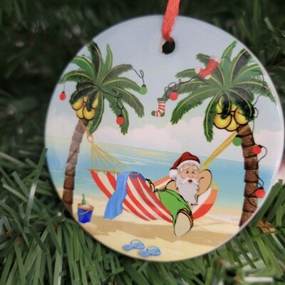 Tropical Beach Santa in Hammock Ornament