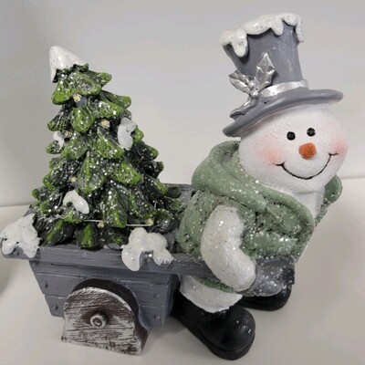 Snowman Pulling Wheel Barrel with Christmas Tree