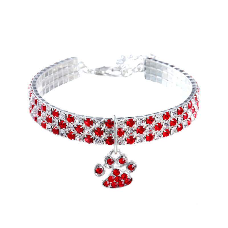 Bling Crystal Pets Collar with Paw Charms Red