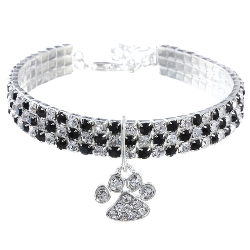 Bling Crystal Pets Collar with Paw Charms Black