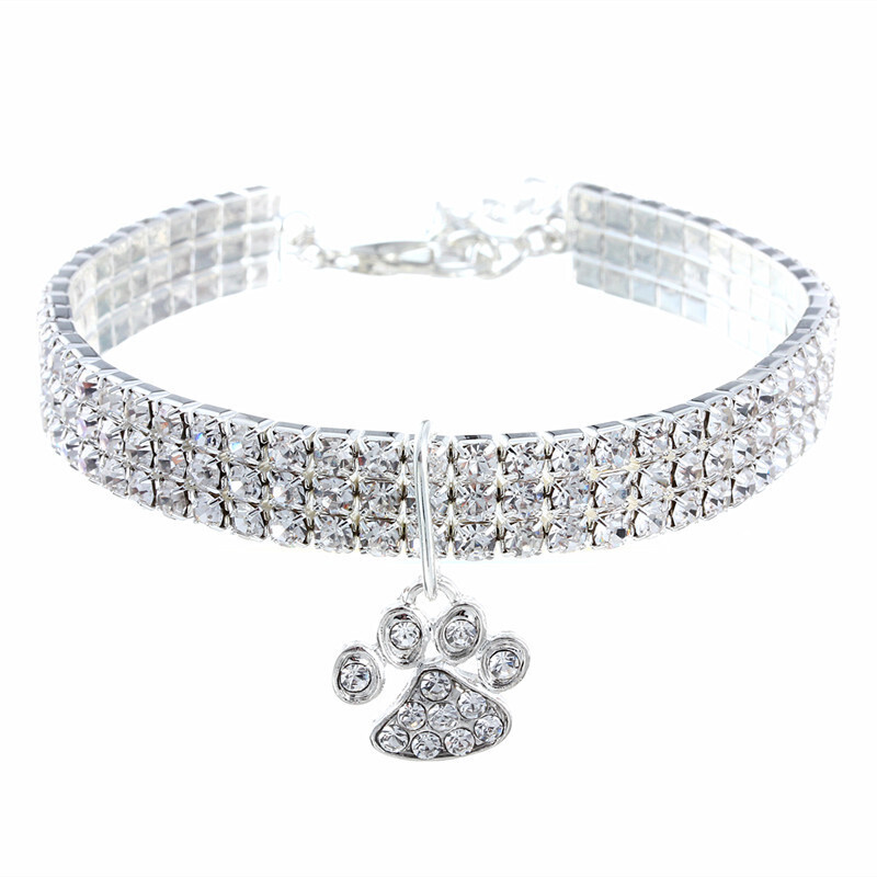 Bling Crystal Pets Collar with Paw Charms Sliver