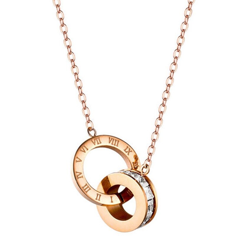 Roman Number Geometric Double Hoop Titanium Steel Zircon Necklace