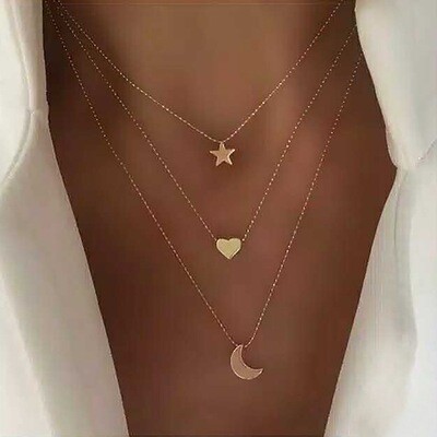 Multilayer Cross Pendant Necklace Heart and Moon