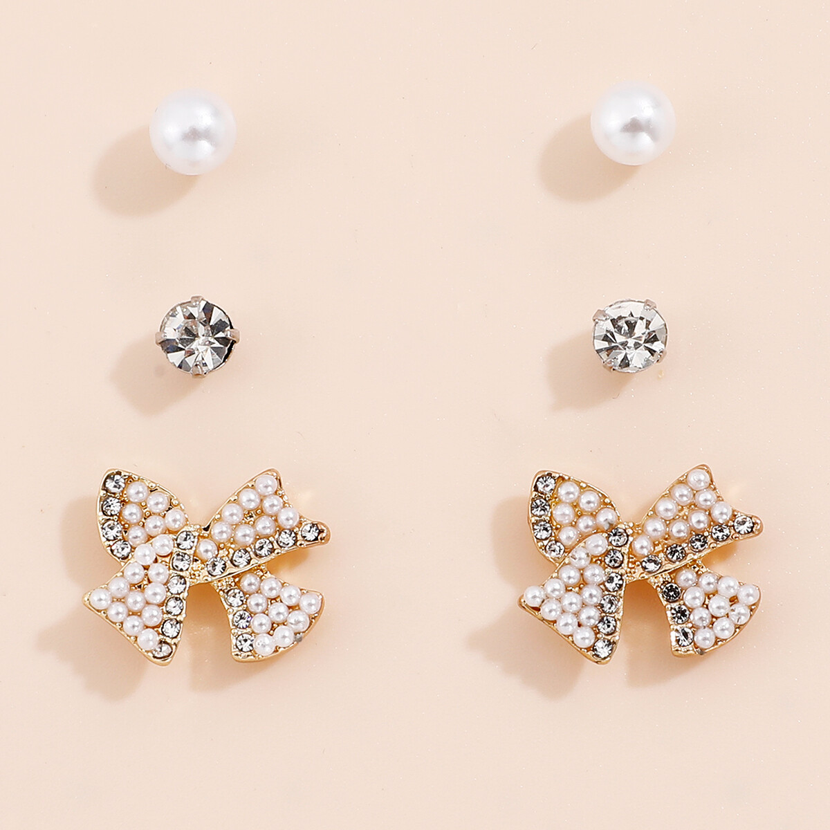 ​Pearl Stud Earrings Rhinestone Stud Earring Set (White)