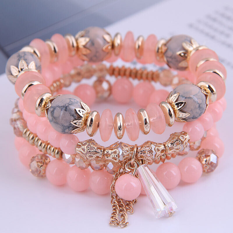 Crystal Beads Multilayer Bracelet (Pink)