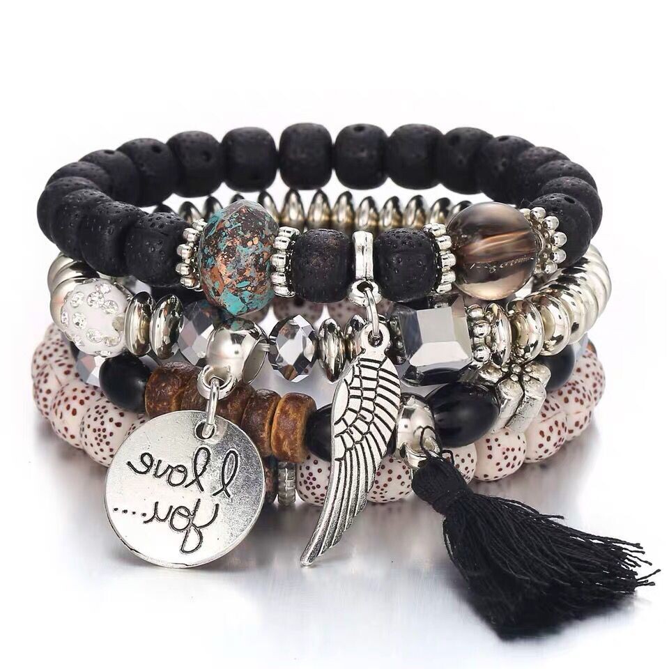 Disc Love Wings Black Tassel Multilayer Bracelet (Black)