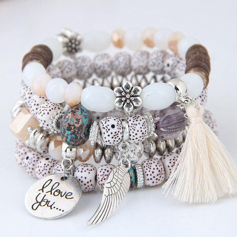 Disc Love Wings Tassel White Multilayer Bracelet (Grey)