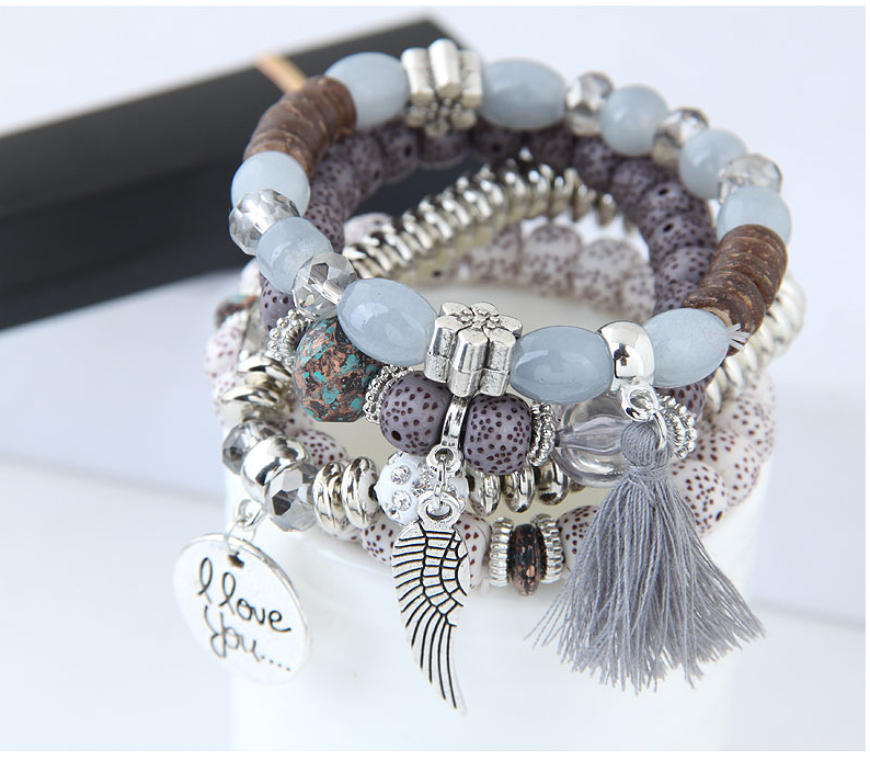 Disc Love Wings Tassel Grey Multilayer Bracelet (Grey)