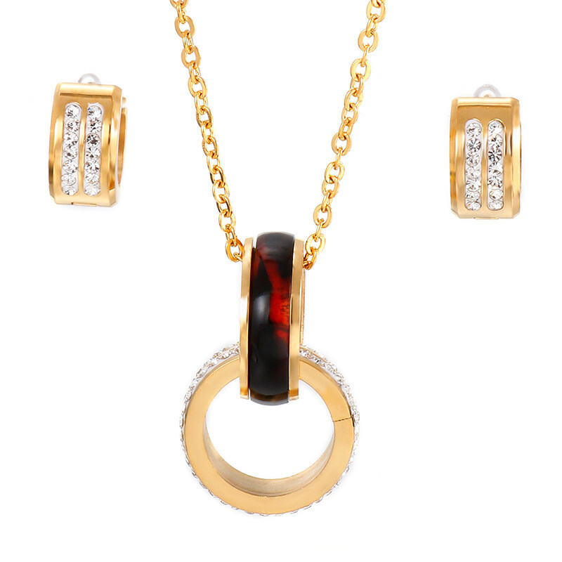 Double Round Brown Gold Necklace Earrings Set