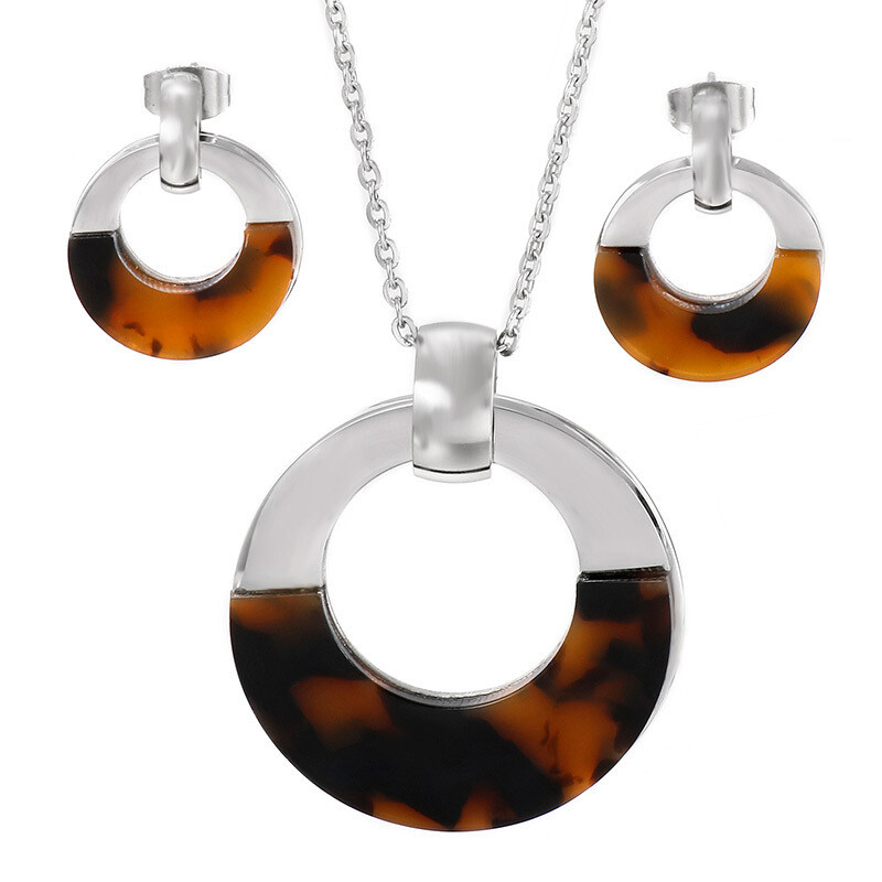 Brown and Silver Exaggerated Necklace Earring Set