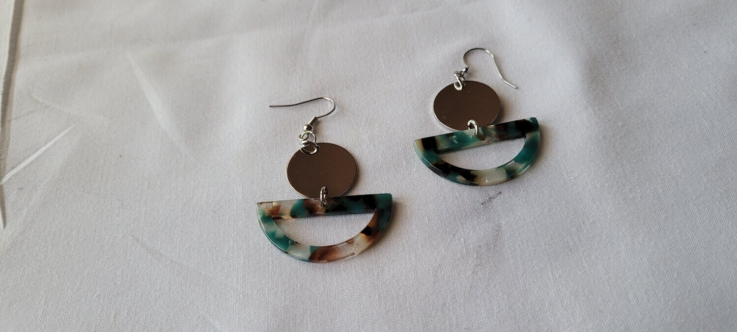 Bluish-green and Brown Half Moon Earrings
