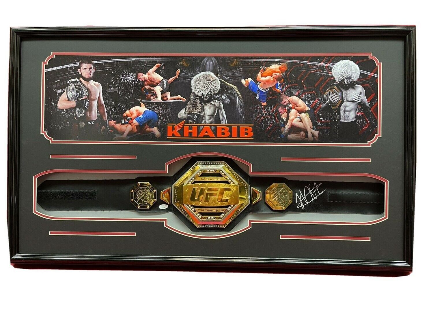 KHABIB NURMAGOMEDOV AUTOGRAPHED UFC MINI REPLICA BELT FRAMED JSA COA WITNESS