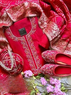 Red suit: Hand-embroidered shirt, Banarasi dupatta, jutti & potli