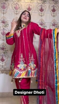 Elegant Designer Dhoti Suit - Chinon Silk with Lace Work