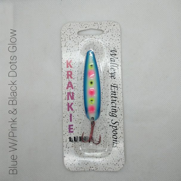 Blue W/Pink &amp; Black Dot Glow W/Gold Back #13 Walleye Enticing Spoons 2-3/4&quot;