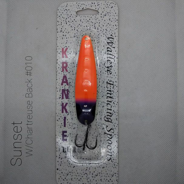 #010 Sunset W/Chartreuse Back 3-3/4 Walleye Enticing Krankie Spoon
