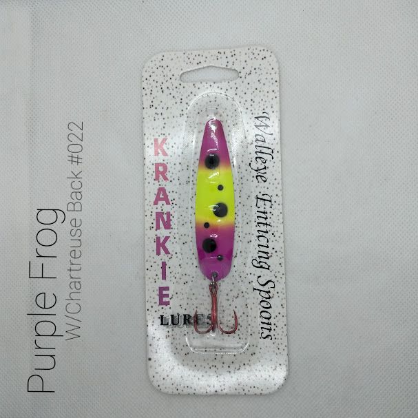 #022 Purple Frog W/Chartreuse Back Krankie Walleye Enticing Spoons 3-3/4&quot;