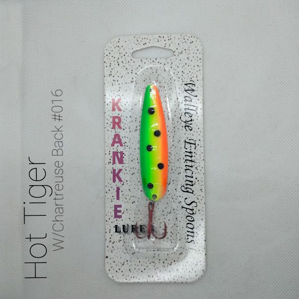 #016 Hot Tiger W/Chartreuse Back Krankie Walleye Enticing Spoons 3-3/4&quot;