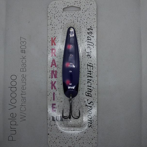 #037 Purple Voodoo W/Chartreuse Back Walleye Enticing Krankie Spoon Size 3-3/4&quot;