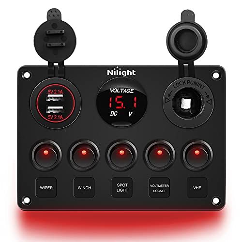 Nilight 5 Gang Multi Function Rocker Switch Backlit Dual USB Charger, Digital Voltmeter, 12V Outlet Pre-Wired Switch Panel with Inline Fuse for RVs