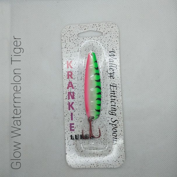 Glow Watermelon Tiger W/Super Glow Back #7 Walleye Enticing Spoons 3-3/4"