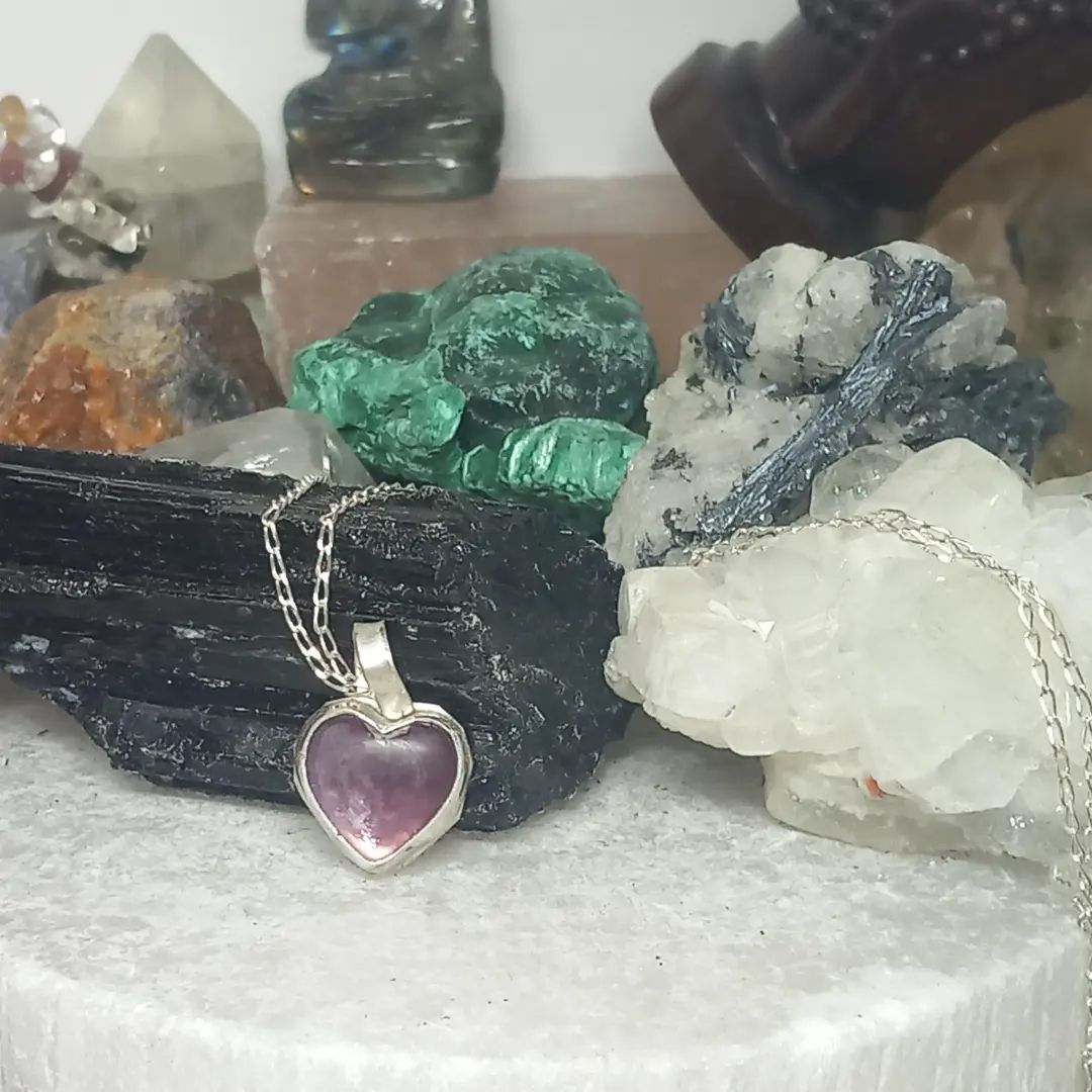 Lepidolite heart pendant, sterling silver