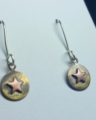 Brass and copper star earrings, sterling silver hooks 